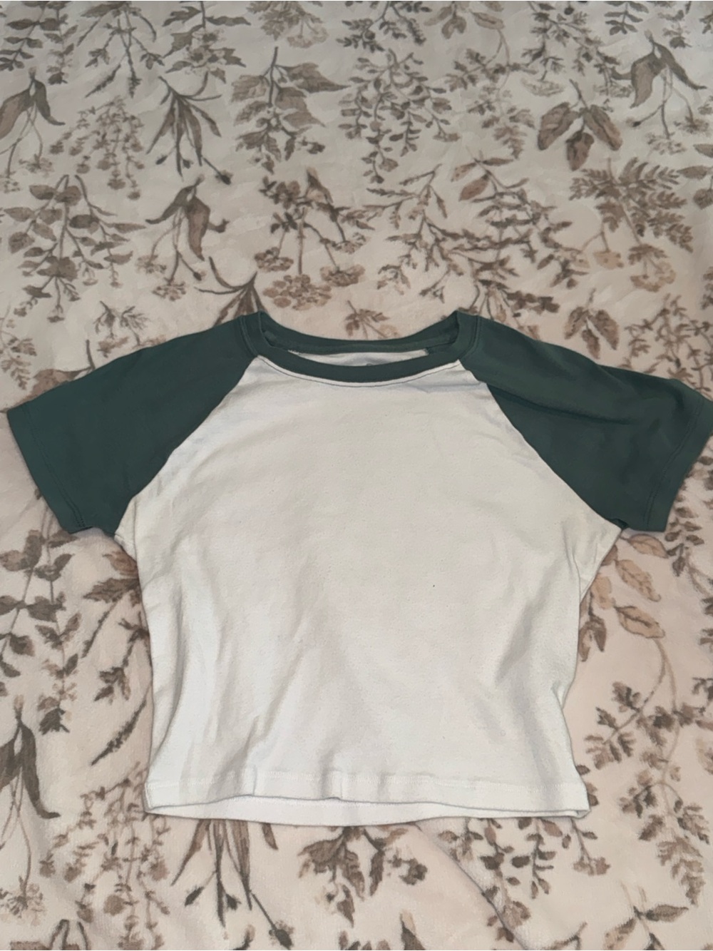 Hollister White Crop Tee with Dark Green Raglan Sleeves